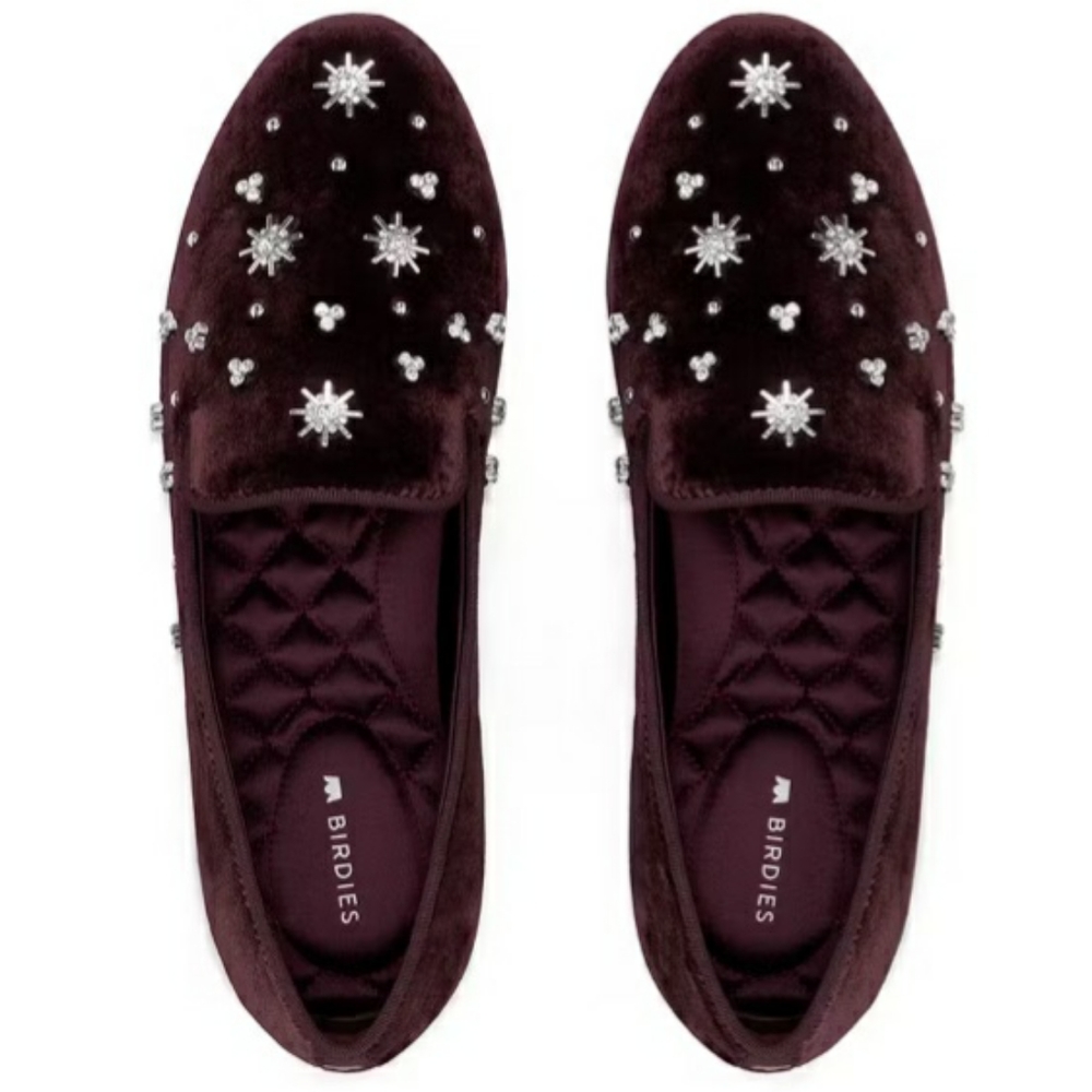 Womens Maroon Crystal Velvet Birdies flats sz 12